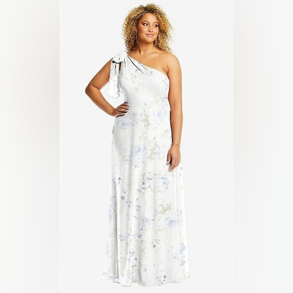 After Six || One Shoulder Tie Bow Floral‎ Bridesmaids Formal Gown White Blue 8